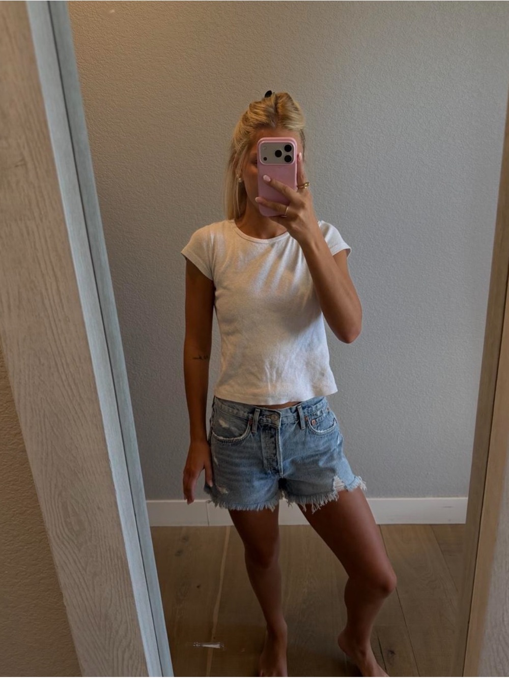 Agolde Light Blue Distressed Denim Jean Shorts